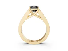 Fancy Black Cushion Cut Diamond Solitaire Ring Set in Yellow gold with Channel-Set Accent Stones and Prong Setting