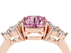 Fancy Pink Round Cut Diamond Solitaire Ring Set in Rose gold with Cluster Accents on Each Side