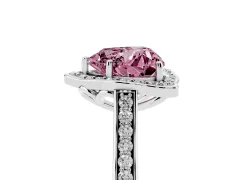 Fancy Pink Heart Cut Diamond Halo Ring Set in Platinum with Pavé-Lined Shoulders and Prong Setting