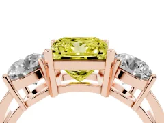 Fancy Yellow Princess Cut Diamond Three-Stone Ring Set in Rose gold with Round Side Stones and Classic Band