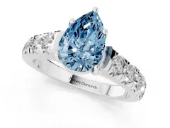 Fancy Blue Pear Cut Diamond Solitaire Ring Set in White gold with Cut-Down Micro Pavé Band and Prong Setting