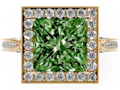 Fancy Green Princess Cut Diamond Halo Engagement Ring Set in Yellow gold with Accent Split Shank Band