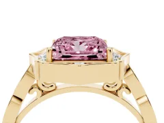 Fancy Pink Princess Cut Diamond Halo Engagement Ring Set in Yellow gold with Milgrain Band and Prong Setting
