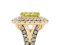 Fancy Yellow Emerald Cut Diamond Double Halo Ring Set in Yellow gold with Pavé Split Shank and Prong Setting