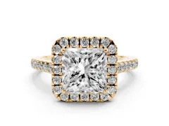 Princess Cut Diamond Halo Pavé Engagement Ring Set in Yellow gold with Prong Setting