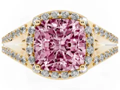 Fancy Pink Cushion Cut Diamond Halo Split Shank Pavé Ring Set in Yellow gold with Prong Setting