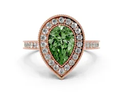 Fancy Green Pear Cut Diamond Halo Milgrain Pavé Band Ring Set in Rose gold with Prong Setting