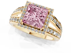 Fancy Pink Princess Cut Diamond Halo Ring Set in Yellow gold with Double Pavé Split Shank