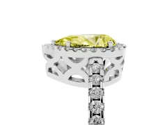 Fancy Yellow Pear Cut Diamond Halo Ring Set in White gold with Pavé Shoulders and Halo-Framed Center