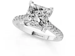 Princess Cut Diamond Solitaire Ring Set in Silver with Brilliant Pavé Band and Prong Setting