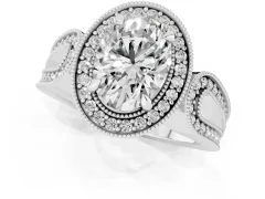Oval Cut Diamond Halo Ring Set in White gold with Milgrain Accent Split Shank