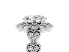 Oval Cut Diamond Solitaire Ring Set in Platinum with Milgrain Pavé Heart Band