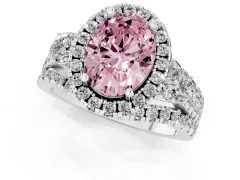 Fancy Pink Oval Cut Diamond Halo Split Shank Ring Set in White gold with Round Accent Stones and Prong Setting
