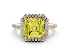 Fancy Yellow Asscher Cut Diamond Halo Ring Set in Yellow gold with Pavé Shoulders and Halo-Framed Center