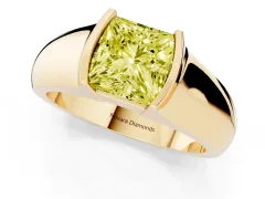 Fancy Yellow Princess Cut Diamond Bezel Solitaire Ring Set in Yellow gold with Wide Band