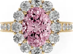 Fancy Pink Oval Cut Diamond Halo Pavé Engagement Ring Set in Yellow gold with Milgrain Detailing