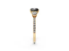 Fancy Black Cushion Cut Diamond Three-Stone Ring Set in Yellow gold with Pavé Band and Graduated Sides