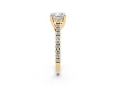 Cushion Cut Diamond Solitaire Ring Set in Yellow gold with Brilliant Pavé Band and Prong Setting