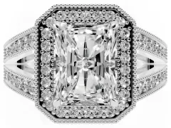 Radiant Cut Diamond Halo Ring Set in Platinum with Stone-Set Split Shank and Milgrain Edges