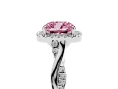 Fancy Pink Cushion Cut Diamond Halo Twist Band Solitaire Ring Set in Silver with Prong Setting