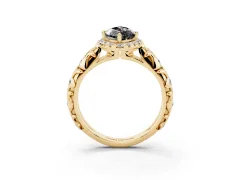 Fancy Black Marquise Cut Diamond Halo Ring Set in Yellow gold with Filigree Leaf Band and Prong Setting