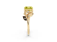 Fancy Yellow Asscher Cut Diamond Solitaire Twist Engagement Ring Set in Yellow gold with Pavé Leaf Accents