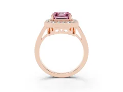 Fancy Pink Asscher Cut Diamond Halo Ring Set in Rose gold with Accent-Lined Split Shank and Prong Setting