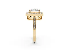 Radiant Cut Diamond Halo Ring Set in Yellow gold with Accent-Lined Split Shank and Prong Setting