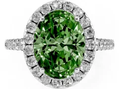 Fancy Green Oval Cut Diamond Halo Pavé Engagement Ring Set in White gold with Prong Setting