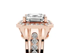 Asscher Cut Diamond Halo Ring Set in Rose gold with Pavé and Bezel Accent Split Shank