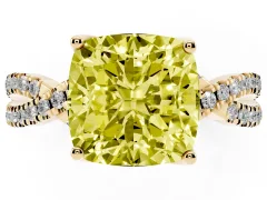 Fancy Yellow Cushion Cut Diamond Twist Pavé Solitaire Engagement Ring Set in Yellow gold with Prong Setting