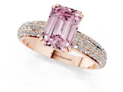 Fancy Pink Emerald Cut Diamond Solitaire Ring Set in Rose gold with Multi-Row Round Pavé Band and Prong Setting