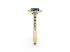 Fancy Blue Radiant Cut Diamond Halo Ring Set in Yellow gold with Pavé Milgrain Band