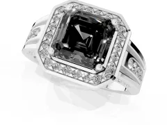 Fancy Black Asscher Cut Diamond Halo Ring Set in White gold with Pavé and Bezel Accent Split Shank