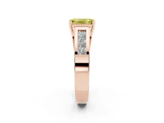 Fancy Yellow Emerald Cut Diamond Solitaire Ring Set in Rose gold with Channel-Set Accent Stones and Prong Setting