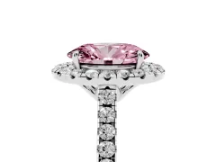 Fancy Pink Oval Cut Diamond Pavé Halo Engagement Ring Set in White gold with Pavé Band and Prong Setting