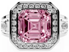 Fancy Pink Asscher Cut Diamond Halo Ring Set in Silver with Pavé and Bezel Accent Split Shank