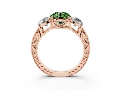 Fancy Green Round Cut Diamond Three-Stone Engagement Ring Set in Rose gold with Milgrain Pavé Band