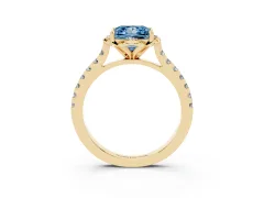 Fancy Blue Princess Cut Diamond Solitaire Ring Set in Yellow gold with Pavé Band and Floral Prong Setting