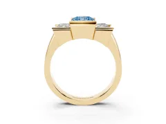 Fancy Blue Radiant Cut Diamond Three-Stone Channel Set Ring Set in Yellow gold with Smooth Polished Band