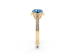 Fancy Blue Round Cut Diamond Halo Ring Set in Yellow gold with Channel Set Band and Prong Setting