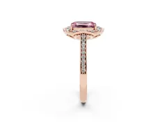 Fancy Pink Emerald Cut Diamond Halo Ring Set in Rose gold with Pavé-Lined Shoulders and Prong Setting