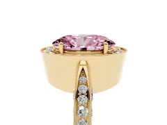 Fancy Pink Oval Cut Diamond Halo Engagement Ring Set in Yellow gold with Accent Split Shank Band