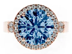 Fancy Blue Round Cut Diamond Halo Ring Set in Rose gold with Pavé-Lined Split Shank Band