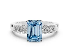 Fancy Blue Emerald Cut Diamond Five-Stone Prong Set Engagement Ring Set in Platinum with Channel Band
