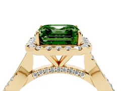 Fancy Green Asscher Cut Diamond Halo Twist Band Solitaire Ring Set in Yellow gold with Prong Setting