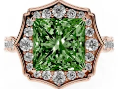 Fancy Green Princess Cut Diamond Halo Engagement Ring Set in Rose gold with Milgrain Band and Prong Setting