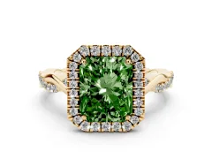 Fancy Green Radiant Cut Diamond Halo Twist Band Solitaire Ring Set in Yellow gold with Prong Setting