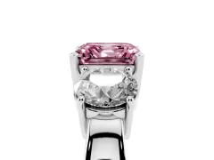 Fancy Pink Asscher Cut Diamond Three-Stone Ring Set in Platinum with Round Side Stones and Classic Band