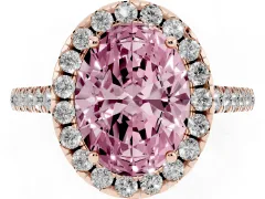Fancy Pink Oval Cut Diamond Pavé Halo Engagement Ring Set in Rose gold with Pavé Band and Prong Setting